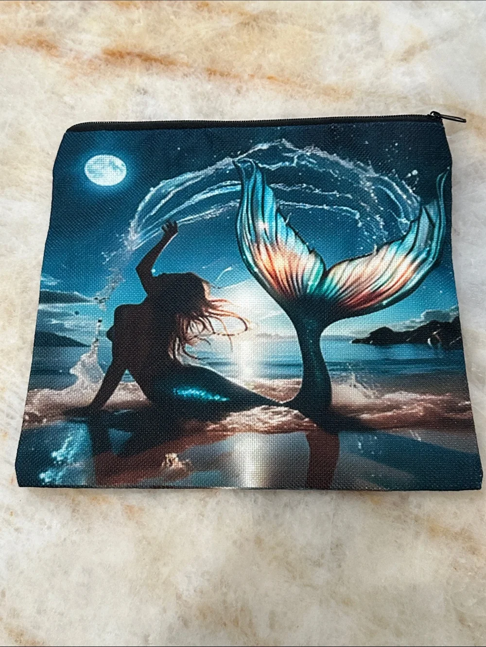 Mermaid Graphic Zip Pouch in Teal and Blue